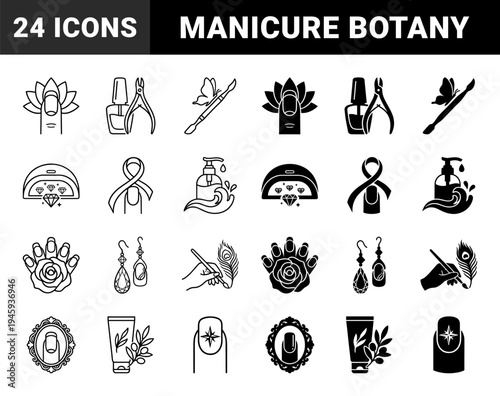 Hybrid professional manicure and nail care icon set merging cosmetic tools with organic floral elements and botanical silhouettes for luxury spa branding