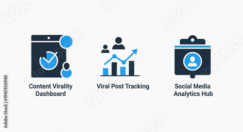 Marketing analytics icons: content virality, viral posts, and social media hub set