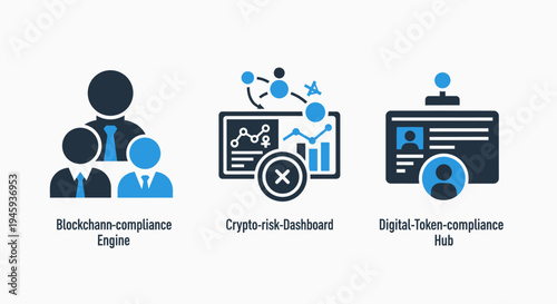 Finance icons: blockchain compliance, crypto risk dashboard, and digital token hub set