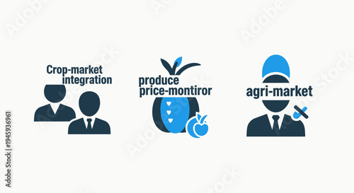 Agriculture icons: crop market integration, produce monitor, and agri-market concept set, supply chain, agriculture technology