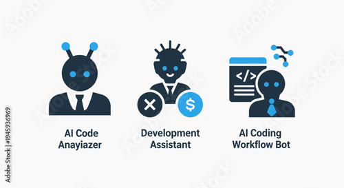Ai and development icons: code analyzer, assistant, and workflow bot set, artificial intelligence, machine learning