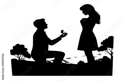 Man Proposing on One Knee Romantic Marriage Proposal Engagement Moment Love Concept Black Vector Silhouette
