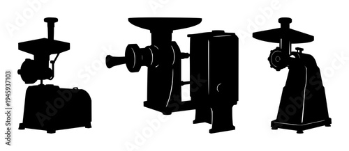 Industrial meat grinder set with solid black silhouette on white background featuring heavy-duty, vintage kitchen equipment, steel with solid fill and silhouette