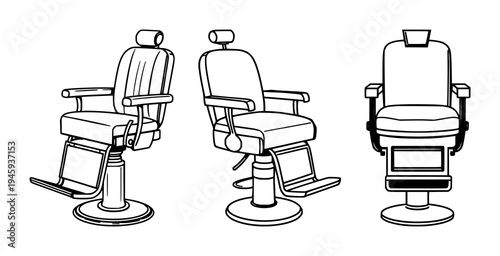 Vintage barber's chair icon set with geometric design featuring grooming, salon, hairdresser with classic and retro style