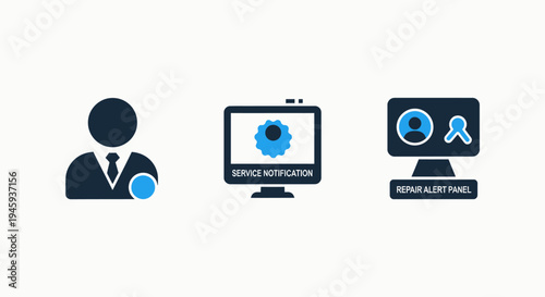 Business icons set: person, computer with settings, computer with lock for security or access control concept, user interface, computer icon