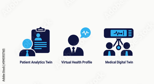 Digital twin healthcare concepts: patient analytics, health profile, medical technology icons