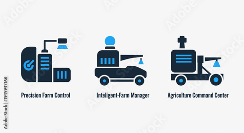 Smart agriculture icons: precision farming, intelligent farm manager, agriculture command center for modern farming technology, agriculture icon