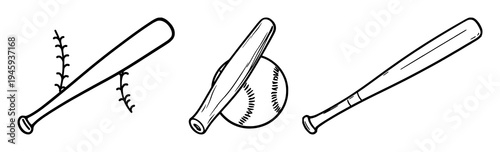 Baseball bat icon set with simple outline featuring sport equipment, baseball bat, icon with vector graphics and illustration