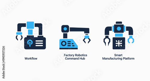 Workflow automation, factory robotics hub, and smart manufacturing platform industrial technology icons set