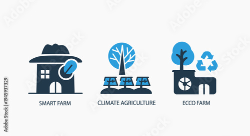 Smart farm, climate agriculture, and eco-friendly farming practices sustainable environment icons set