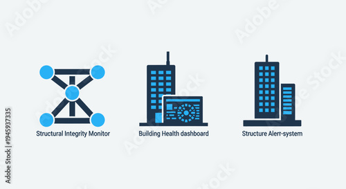 Structural integrity monitoring, building health dashboard, and smart structure management system icons set