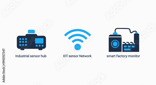 Industrial sensor hub, iot network, and smart factory monitoring system technology icons set