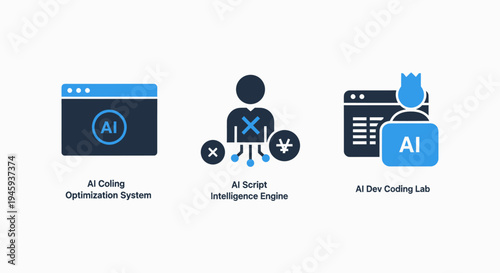 Ai technology icons: coding optimization, script engine, and dev lab for artificial intelligence concepts, machine learning