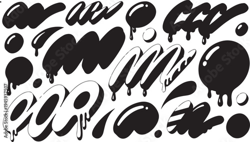 Colour ink blots. Colourful paint splatters and drips in organic splashes. Bright, playful, bold abstract graffiti spots for kids art blobs, comics, pop art design. Vector isolated set