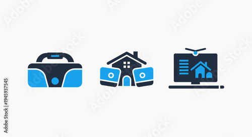 Icons for smart home technology: security camera, automation system, and laptop interface for real estate