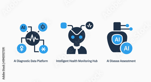 Ai icons for health: diagnostic data platform, intelligent monitoring hub, and disease assessment tool
