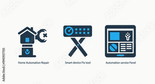 Home automation icons: repair, smart device tool, service panel for smart home technology, internet of things