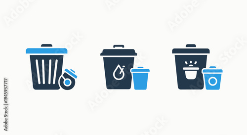 Trash can icons: recycling bin, waste container, rubbish disposal for sanitation and cleanup, waste management