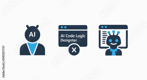 Ai technology icons: coding, logic design, and artificial intelligence robot