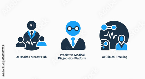 Ai healthcare icons: predictive diagnostics, clinical tracking, and health forecast