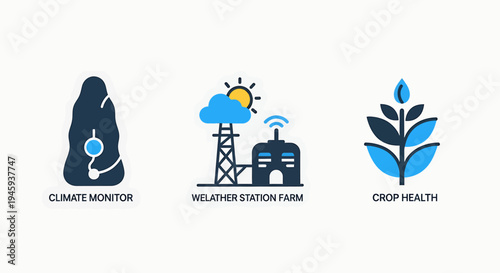 Smart agriculture icons: climate monitor, weather station, and crop health technology, smart farming