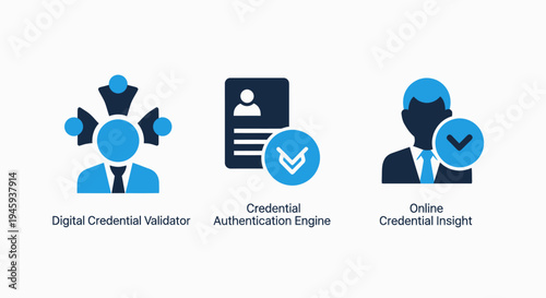 Icons for digital credential validation, authentication engine, and online insight concepts
