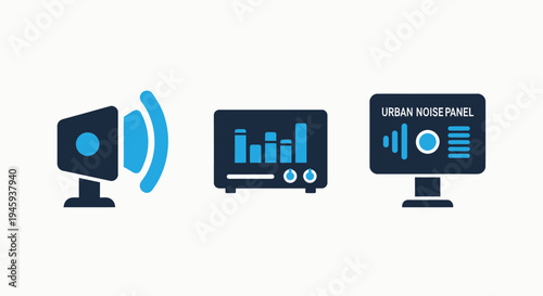 Icons for sound amplification, noise monitoring, and audio data analysis in urban environments, sound wave