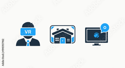Virtual reality headset user, smart home icon, and computer monitor icon on white background, representing technology concepts, augmented reality