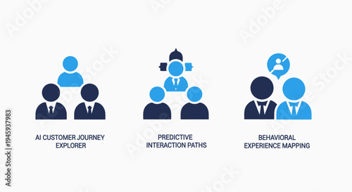 Icons representing customer journey exploration, predictive interaction paths, and behavioral experience mapping in business analytics
