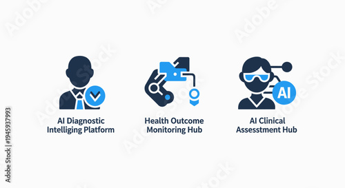 Ai icons for diagnostic platform, health outcome monitoring hub, and clinical assessment hub, symbolizing medical technology advancement