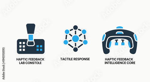 Haptic feedback technology icons: tactile response, gaming lab console, virtual reality headset, and interactive user experience symbols