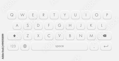 White neumorphism keyboard button layout, modern virtual keypad design for a smartphone. Vector illustration