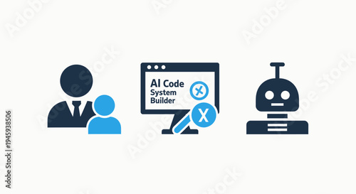 Ai code system builder, robot and user icons - modern artificial intelligence technology vector illustration