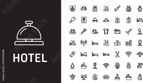 Hotel service icons set with bellhop and amenities symbols