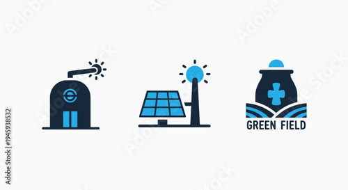 Green energy and sustainable power plant icons for environmental solutions and solar technology