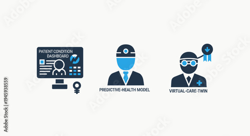 Virtual care and predictive health model dashboard icons for patient telemedicine services