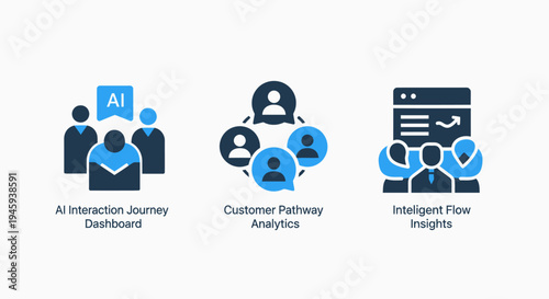 Customer pathway analytics and AI-driven interaction journey insights icons for business strategy and user experience