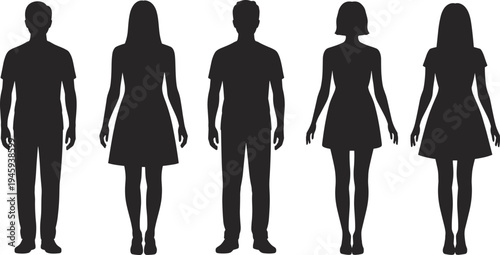Five diverse silhouettes of men and women in casual and formal attire, dresses and suits, gender comparison, demographic diversity, posture study illustration