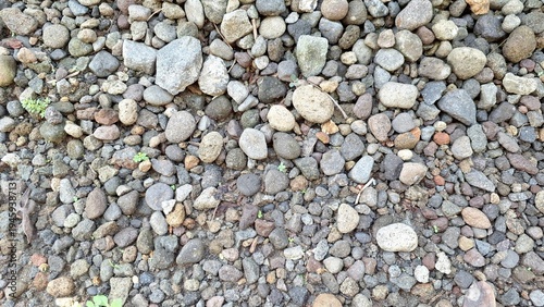 Detailed view of natural gravel stones on soil background texture outdoor setting