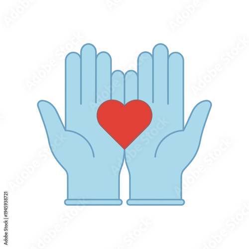 Medical care concept with protective gloves holding heart symbol representing healthcare support and cardiology care.