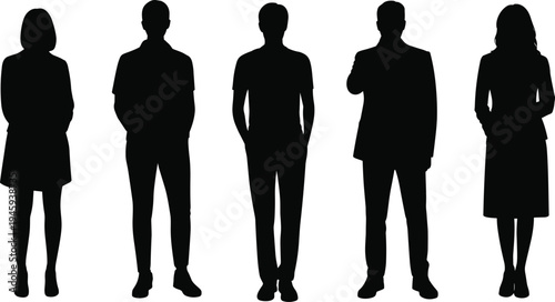 Five diverse silhouettes of men and women in casual and formal attire, standing poses, posture study, identity, diversity, anonymity, design illustration concept