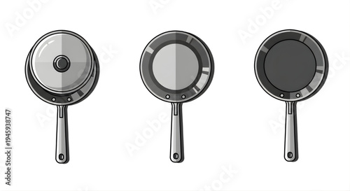 Frying Pan Icon Set Vector Illustration – Kitchen Skillet with Lid and Without Lid, Stainless Steel Cookware Flat Cartoon Clipart