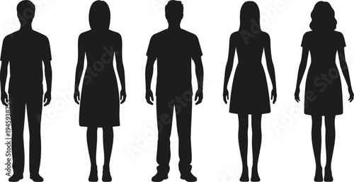 Five diverse silhouettes of men and women in neutral standing poses, gender comparison, demographic diversity, posture study, identity, anonymity, social illustration concept