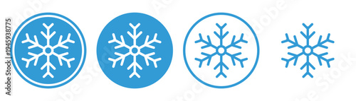 Blue snowflake flat icon symbol for packages, stickers. Collection of snowflakes. The label on the package of the frozen product.