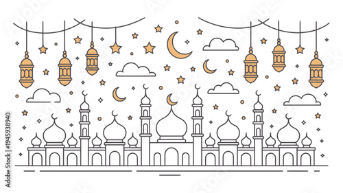 A minimalist vector illustration of a mosque with hanging lanterns and crescent moons under a starry night sky