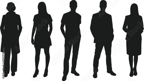 Five diverse silhouettes of men and women standing in different poses, posture study, identity, diversity, anonymity, design element, professional illustration concept