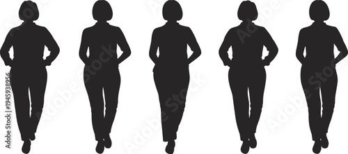 Five walking silhouettes of men in casual attire, stride variation, human gait study, posture diversity, motion analysis, lifestyle movement illustration concept
