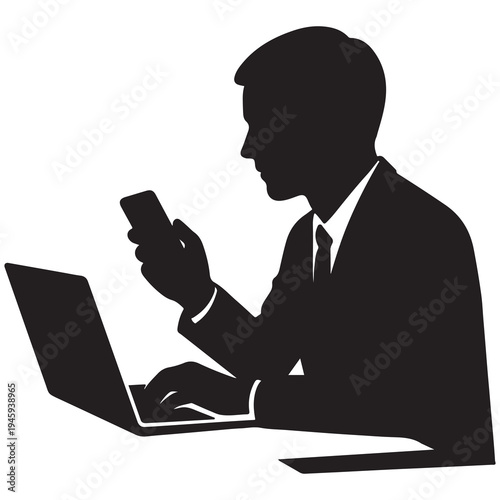 Focused businessman multitasking with laptop and smartphone in silhouette