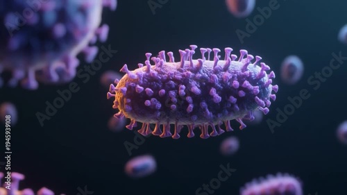 Close up of abstract purple virus cells in dark space, microscopic world animated footage