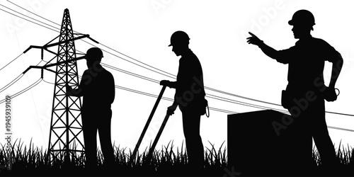 Silhouette of utility workers inspecting high-voltage transmission tower with surveying equipment and transformer box in grassy field, teamwork in electrical infrastructure maintenance 